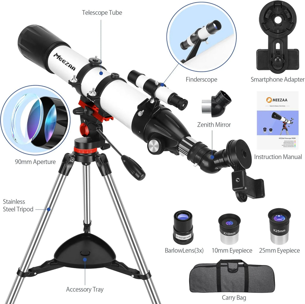 Telescope, Telescope for Adults High Powered Professional, 90mm Aperture 800mm Refractor Telescopes for Astronomy Beginners Fully Multi-Coated with AZ Mount Tripod  Phone Adapter  Carry Bag