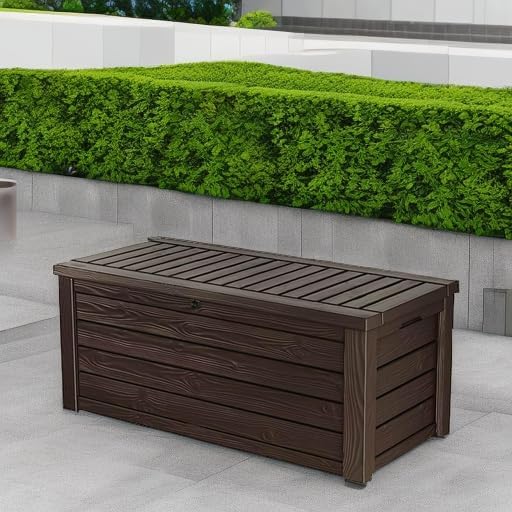 570-liter storage box, all-weather resin boat-shaped storage box, and stylish outdoor bench with piston-assisted lockable lid and side handles, dark coffee color version(Brown)