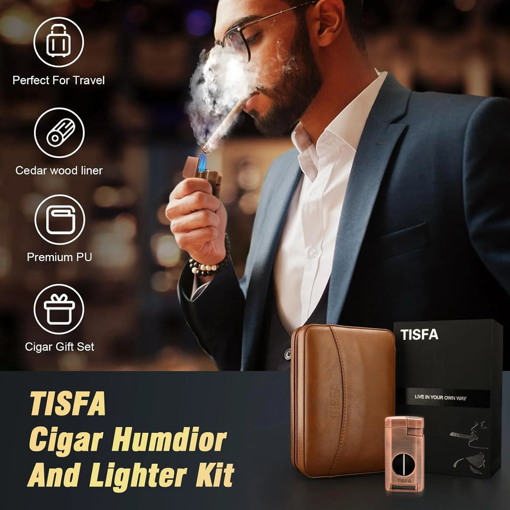 Cigar Humidor, Leather Cedar Wood Cigar Case with Cigar Lighter, V Cut Cigar Cutter, Cigar Holder 3 in 1, Portable Travel Cigar Humidor Box with Humidifier (Black)(Brown)