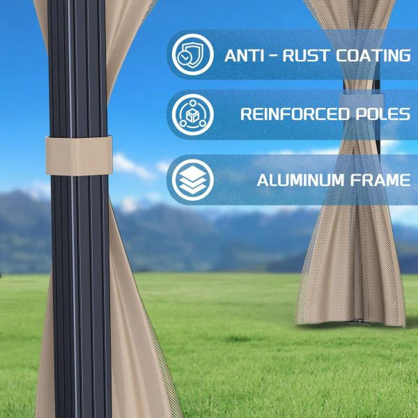 10’x10′ Hardtop Gazebo with double metal roof, aluminum frame, net, and curtain. All-weather, ideal for patio, deck, garden, backyard. Khaki.(Khaki/10x10FT)