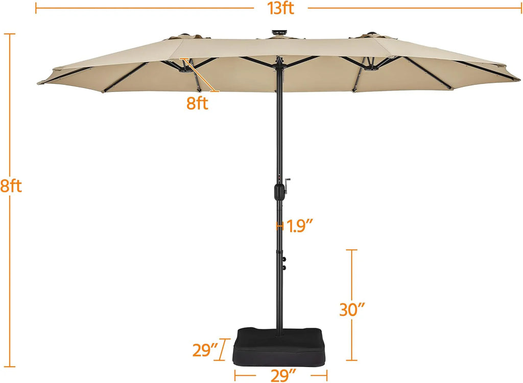 15 ft Large Patio Umbrella with Solar Lights Double-Sided Outdoor Rectangle Market Umbrellas with 36 LED Lights/Base Included/Easy Crank for Patio Garden Yard Pool Lawn, Brown(Brown/15FT)