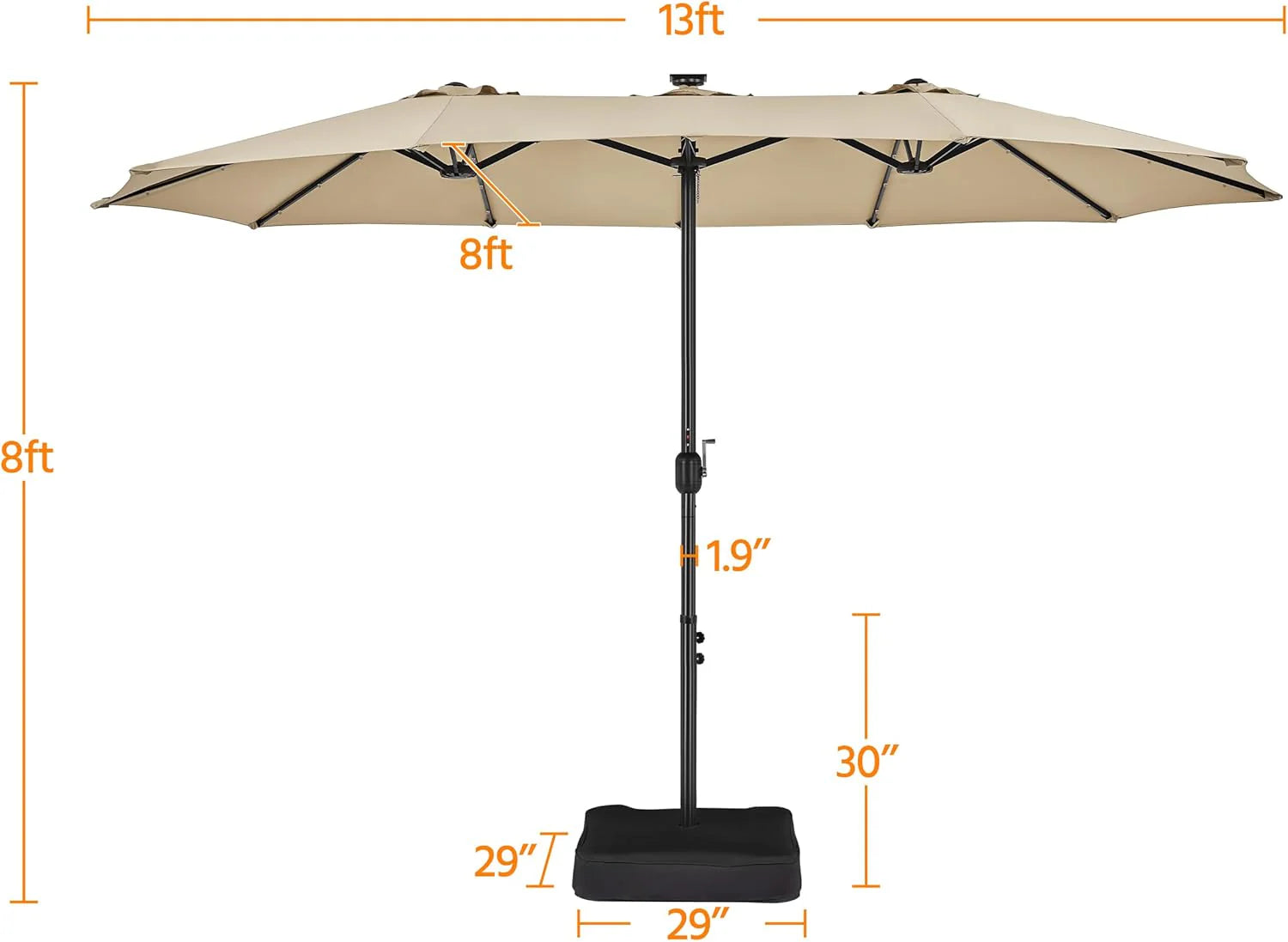 15 ft Large Patio Umbrella with Solar Lights Double-Sided Outdoor Rectangle Market Umbrellas with 36 LED Lights/Base Included/Easy Crank for Patio Garden Yard Pool Lawn, Brown(Brown/15FT)
