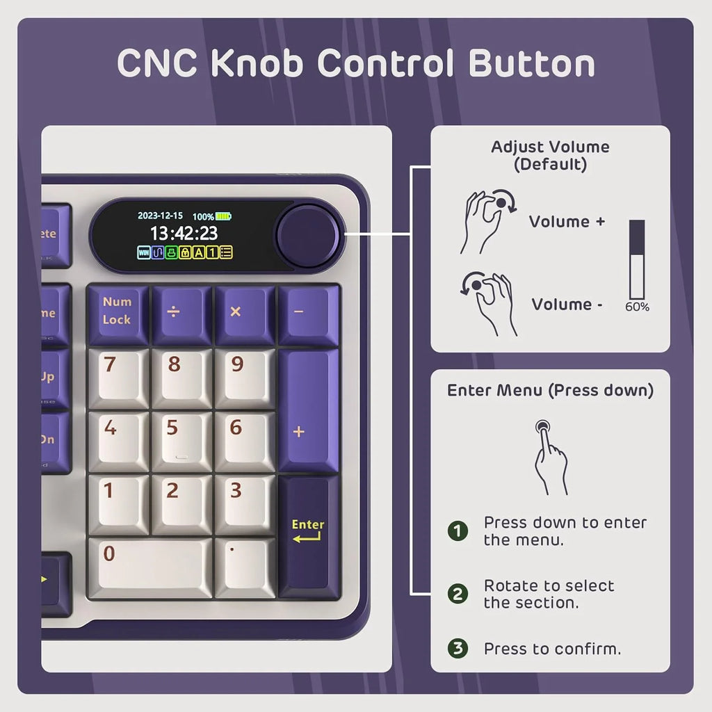 Mechanical Keyboard w/Smart Display  Knob, Top Mount 96% Wireless Mechanical Keyboard BT/2.4G/USB-C, Hot Swappable, Software Support, Creamy Sounding, 98 Keys(Linear Viridian Switch/Lavender Purple)