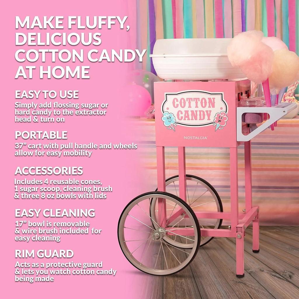 Nostalgia Professional Cotton Candy Cart, Vintage Candy Cart with Serving Shelf, 3 Bowls With Lids  Spoons, 13-in Rubber Wheels, Pull Handle, Includes 4 Reusable Cones  Wire Cleaning Brush, Pink(Pink)