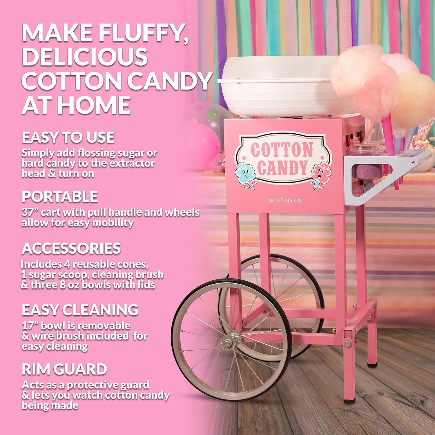 Nostalgia Professional Cotton Candy Cart, Vintage Candy Cart with Serving Shelf, 3 Bowls With Lids  Spoons, 13-in Rubber Wheels, Pull Handle, Includes 4 Reusable Cones  Wire Cleaning Brush, Pink(Pink)