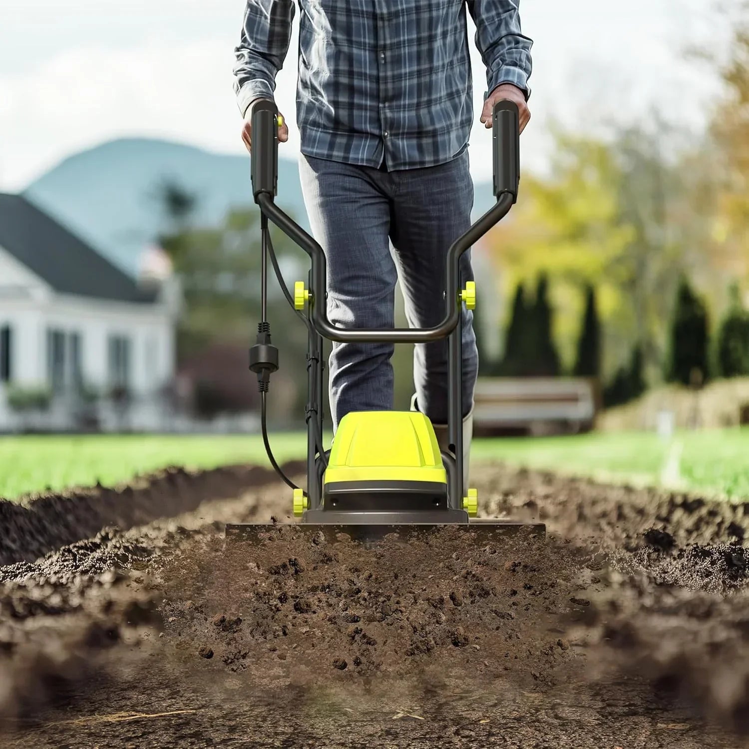 15-Amp 18" Electric Corded Tiller Cultivator, 9" Depth, 24 Steel Tines, Adjustable Foldable Design, Gardening Soil Tool