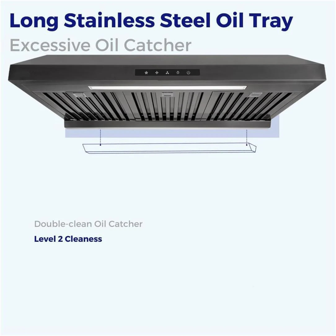 Powerful 30 Inch Under Cabinet Range Hood With Seamless Stainless Steel Body, Twin Turbo Motors, 3 Speed Touch Screen, Round Vent, Baffle Filters, LED Lights, Oil Collector(850 CFM)
