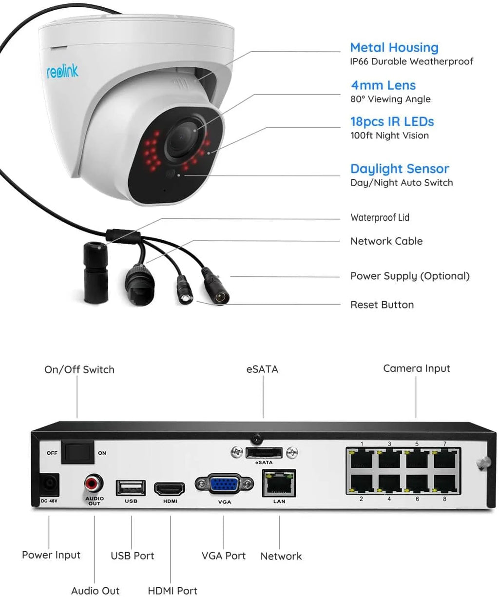 Smart 5MP 8CH Home Security Camera System, 4pcs Wired 5MP PoE IP Cameras Outdoor with Person Vehicle Detection, 4K 8CH NVR with 2TB HDD for 24-7 Recording, RLK8-520D4-5MP