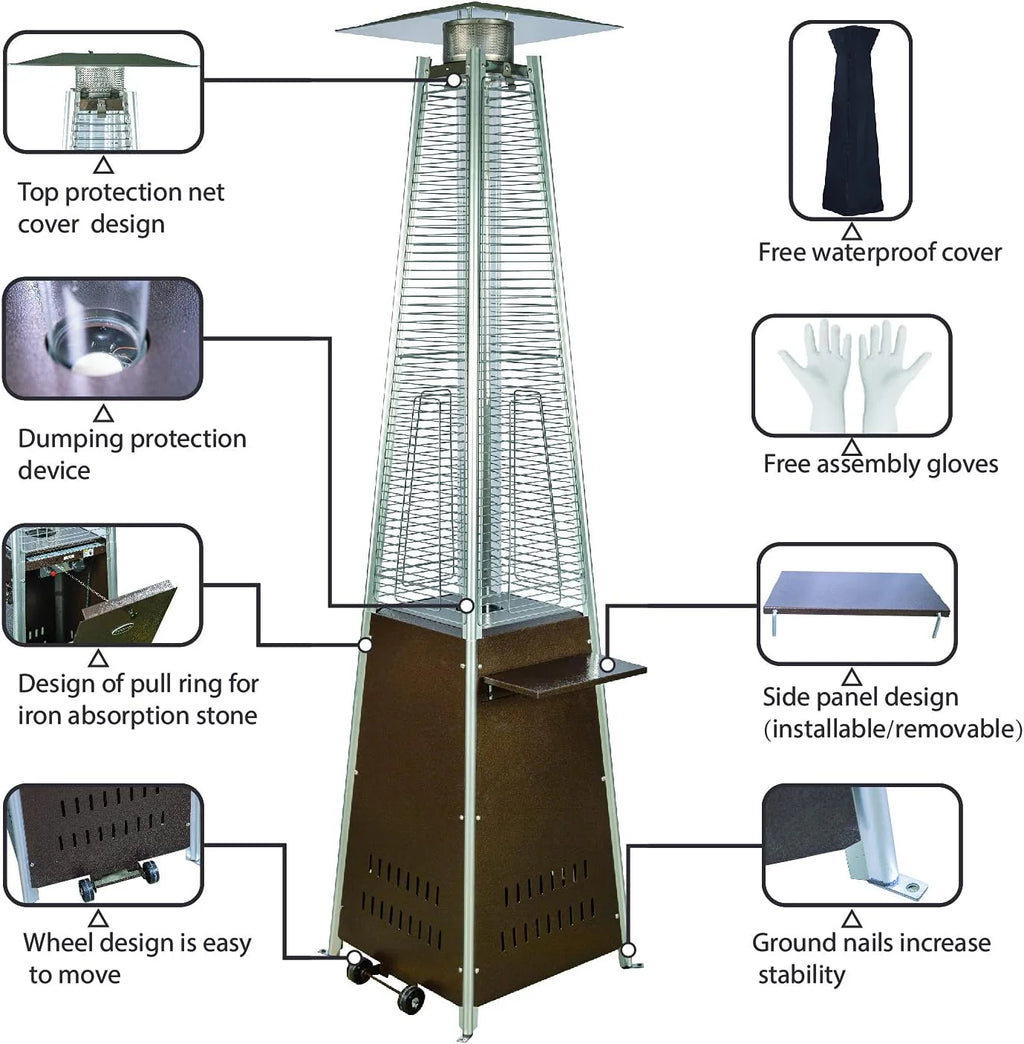 Pyramid Patio Propane Heater，48,000 BTU Outdor Patio Flame Heater， With Wheels,Waterproof Cover Quartz Glass Tube Propane Heater for Patio, Party, Backyard, Garden, Decoration(Bronze)(Bronze)