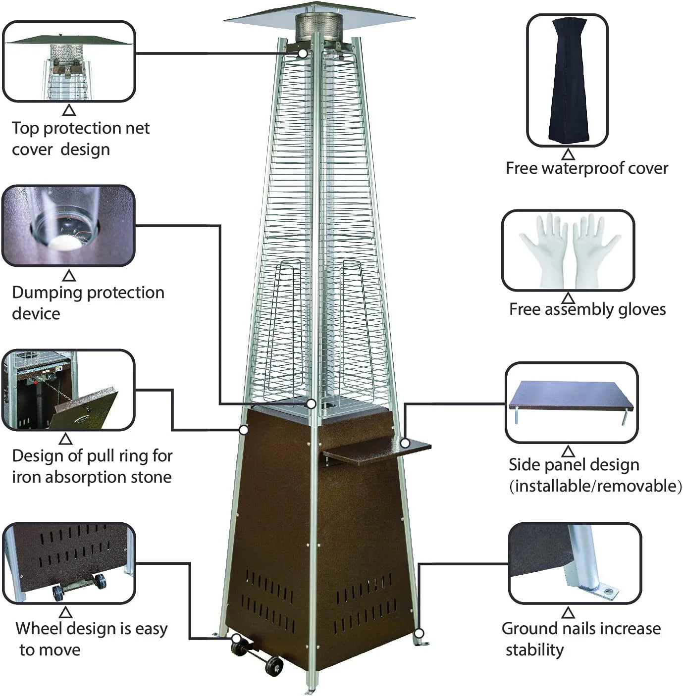 Pyramid Patio Propane Heater，48,000 BTU Outdor Patio Flame Heater， With Wheels,Waterproof Cover Quartz Glass Tube Propane Heater for Patio, Party, Backyard, Garden, Decoration(Bronze)(Bronze)