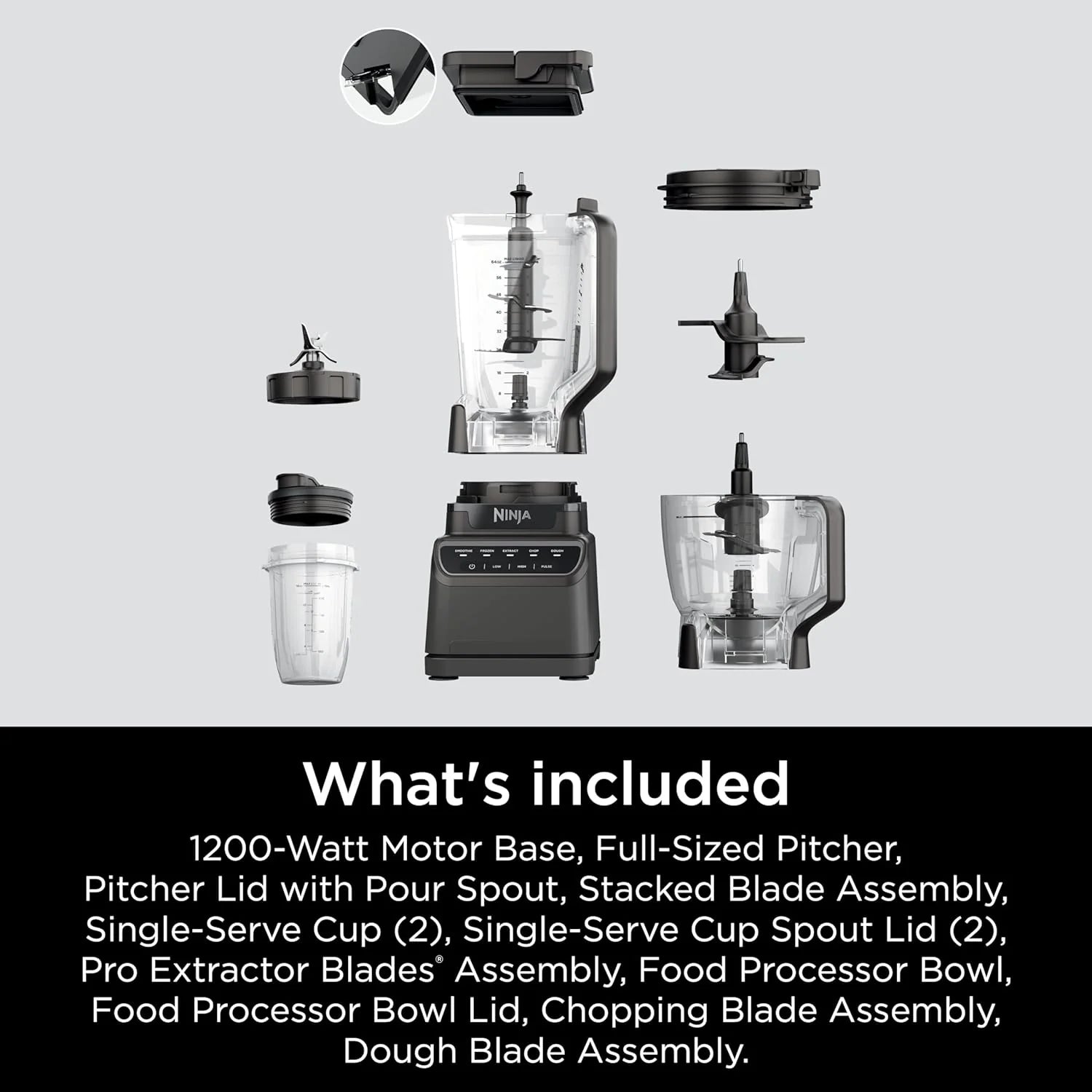 Mega Kitchen System, 1500W, 4 Functions for Smoothies, Processing, Dough, Drinks  More, with 72-oz.* Blender Pitcher, 64-oz. Processor Bowl, (2) 16-oz. To-Go Cups  (2) Lids, Black(Pitcher+Bowl+(2) 18-oz. Cups)