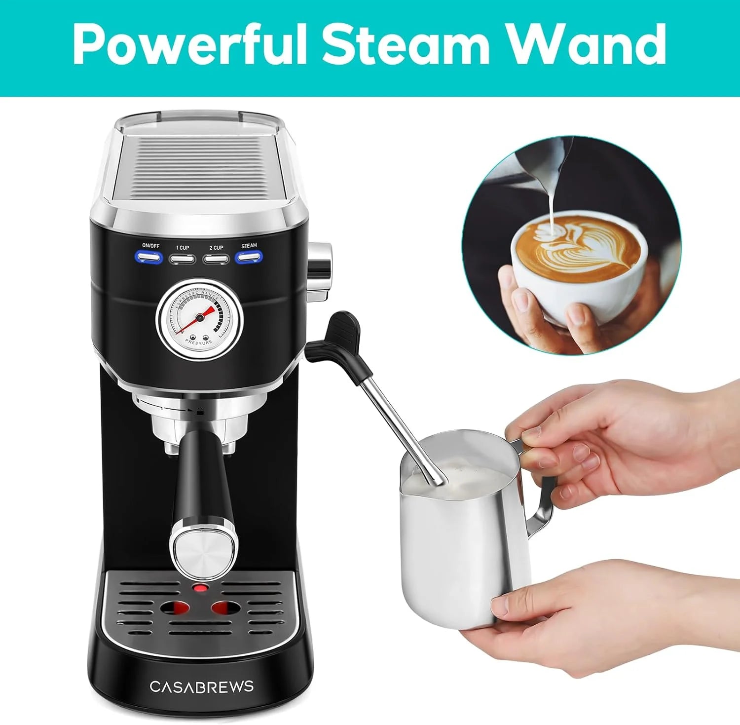 Espresso Machine 20 Bar, Compact Espresso Maker with Steam Milk Frother, Stainless Steel Coffee Machine with 34oz Removable Water Tank for Cappuccino, Latte, Silver(Deep Black/Button)