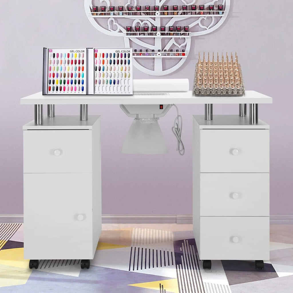 Manicure Table Nail Desk for Nail Tech w/Electric Dust Collector  Wrist Rest, Acetone Resistant Top Beauty Salon Nail Supplies Decor Station w/Lockable Wheels, Cabinet, Drawer (White)(White)