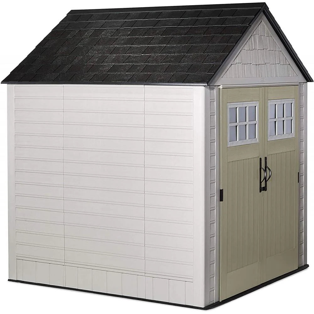 Rubbermaid 77 Ft Durable Weather Resistant Resin Outdoor Garden Storage Shed with Windows and Utility Hooks, Sand