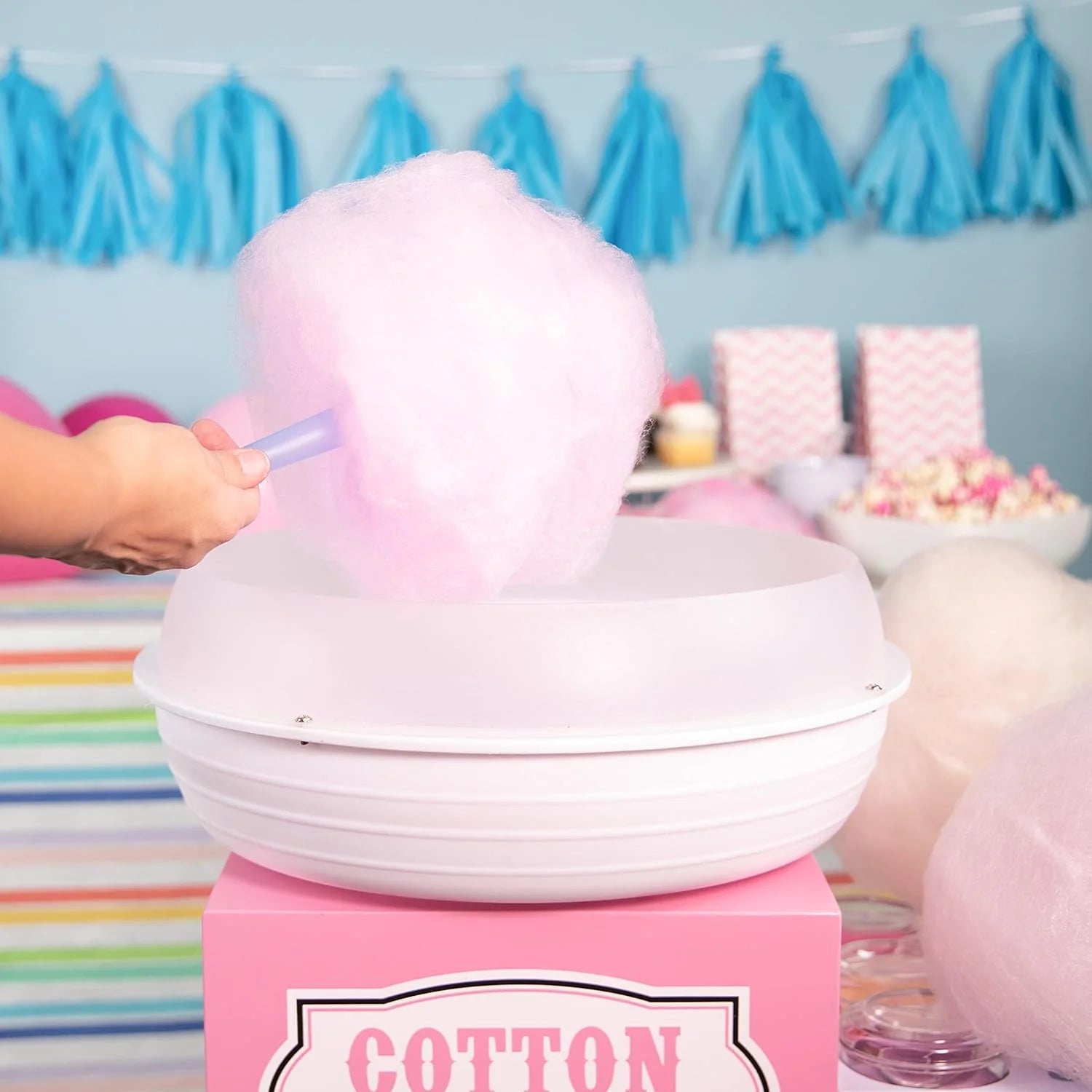 Nostalgia Professional Cotton Candy Cart, Vintage Candy Cart with Serving Shelf, 3 Bowls With Lids  Spoons, 13-in Rubber Wheels, Pull Handle, Includes 4 Reusable Cones  Wire Cleaning Brush, Pink(Pink)