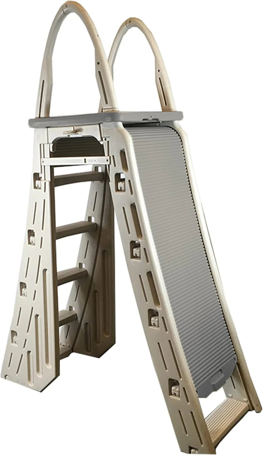Confer Plastics 7200 Roll Guard 48" to 56" Adjustable A Frame Safety Ladder for Above Ground Outdoor Patio Swimming Pool Platform Ladder with Step Barrier, Warm Grey…(Warm Grey)
