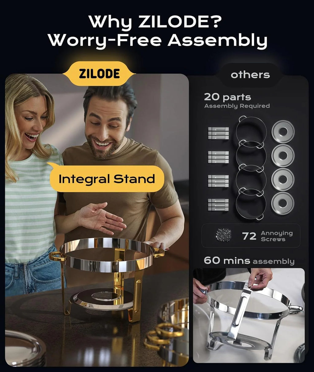 Chafing Dishes for Buffet 4 Pack, 5QT [Worry-Free Assemble] Round Chafing Dish Buffet Set [Elegant Gold and Silver Colors] Stainless Steel Chafers and Buffet Warmers Sets for Parties with Complete Set