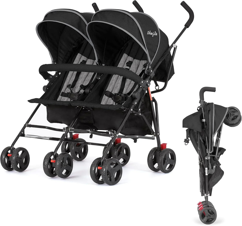 Twin Umbrella Stroller in Black, Lightweight Double Stroller for Infant  Toddler, Compact Easy Fold, Large Storage Basket, Large and Adjustable Canopy(Black)
