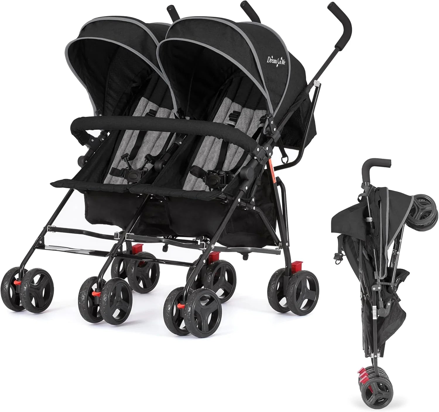 Twin Umbrella Stroller in Black, Lightweight Double Stroller for Infant  Toddler, Compact Easy Fold, Large Storage Basket, Large and Adjustable Canopy(Black)
