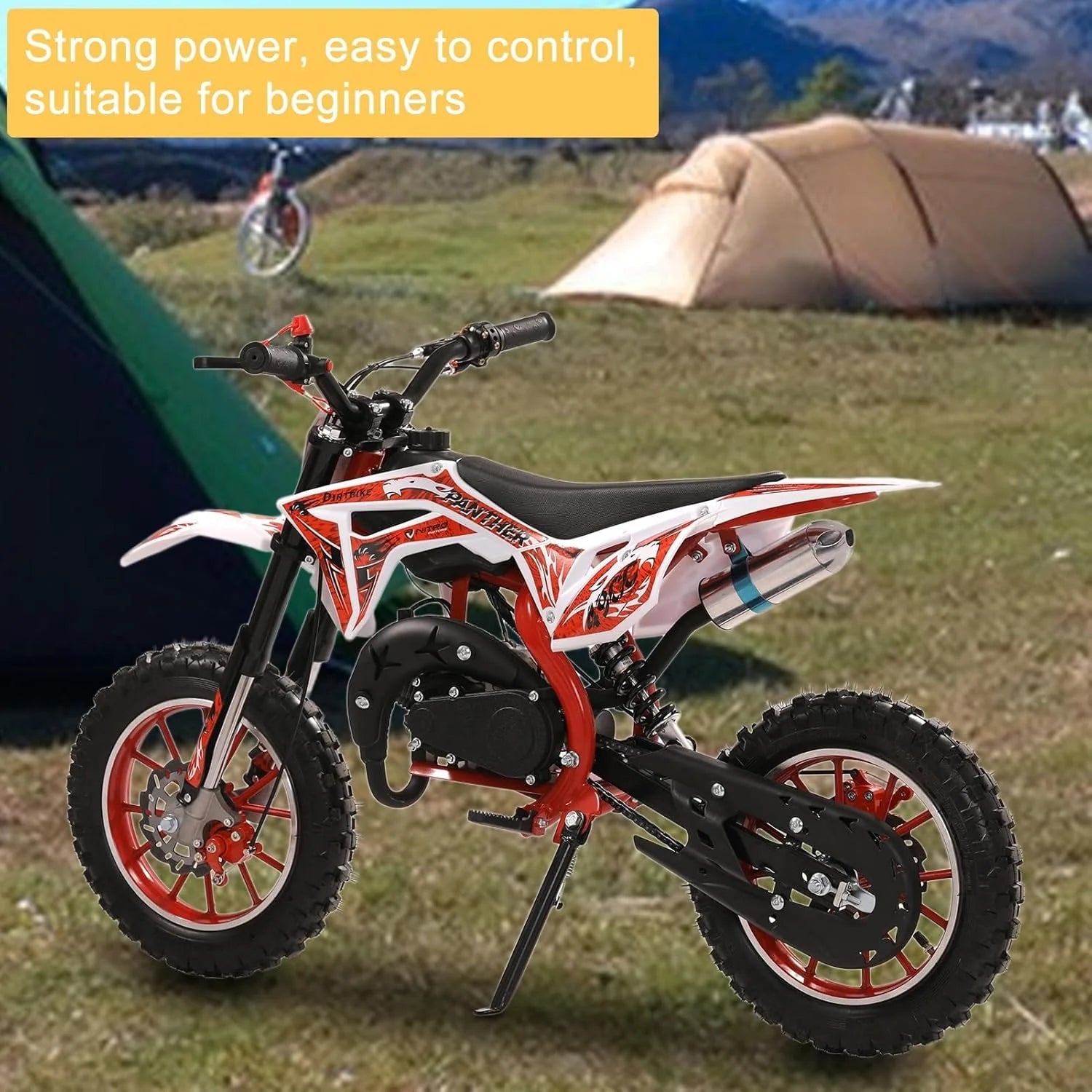 49cc Kids Dirt Bike, Gas Powered 2-Stroke Mini Motocross Motorcycle, Off-Road Dirtbike for Kids 8-14 with Front/Rear Disc Brakes, Shock Absorption, Soft Seat Cushion(Red-a)