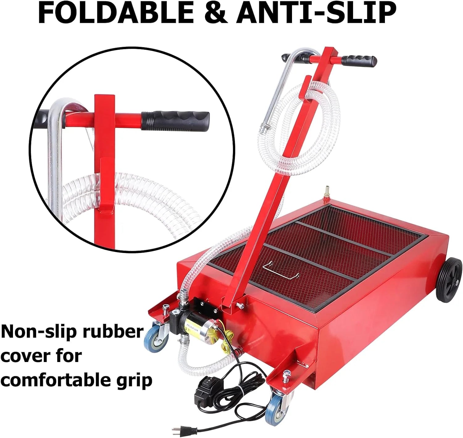 20 Gallon Low Profile Roll Around Oil Drain Pan with 110V Electric Pump 8 Feet Hose for Trucks Cars SUVS Red(17 Gallon 110V Electric Pump/Red)