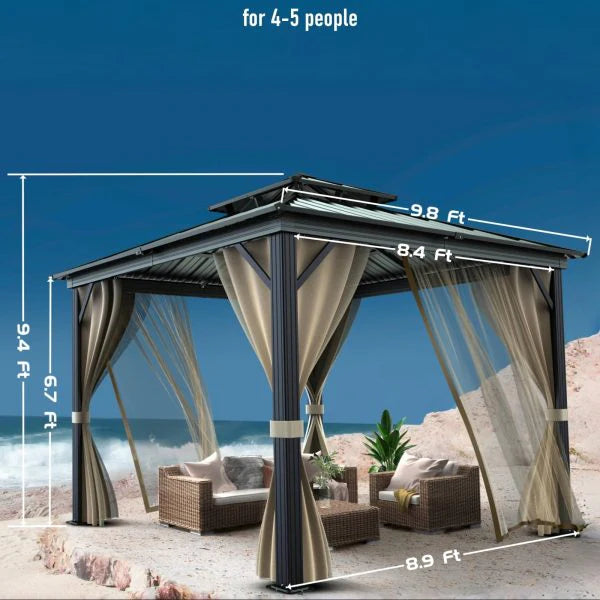 10’x10′ Hardtop Gazebo with double metal roof, aluminum frame, net, and curtain. All-weather, ideal for patio, deck, garden, backyard. Khaki.(Khaki/10x10FT)