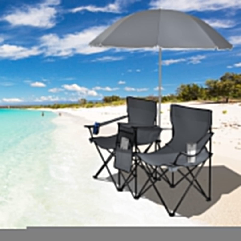 Double Folding Picnic Chairs Umbrella Mini Table Beverage Holder Carrying Bag(Blue)