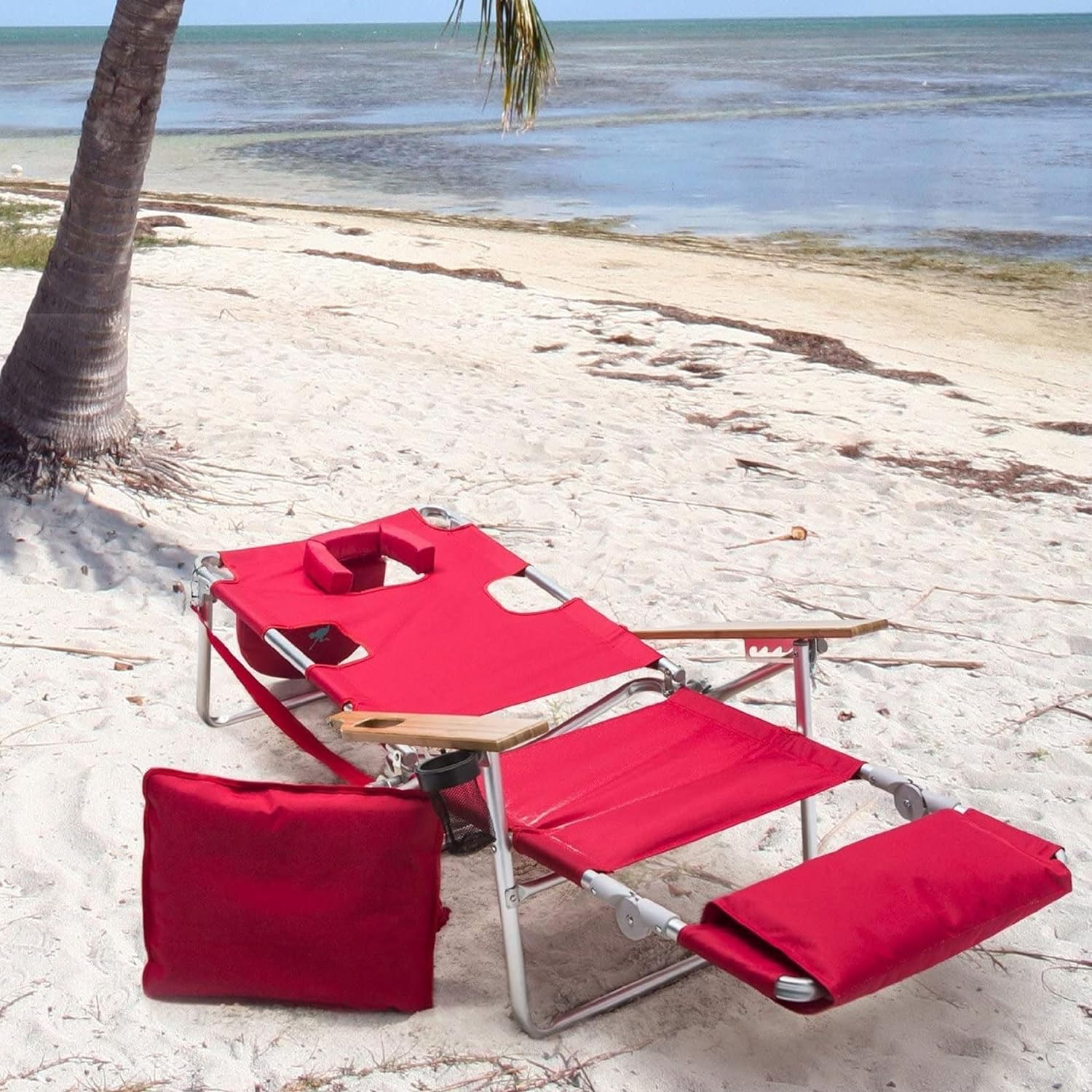 Deluxe 3 in 1 Beach Chair with Face Opening - Portable, Reclining Lounger for Tanning - Face Hole for Reading on Stomach - Padded Footrest, Removable Pillow - Aluminum(Striped)