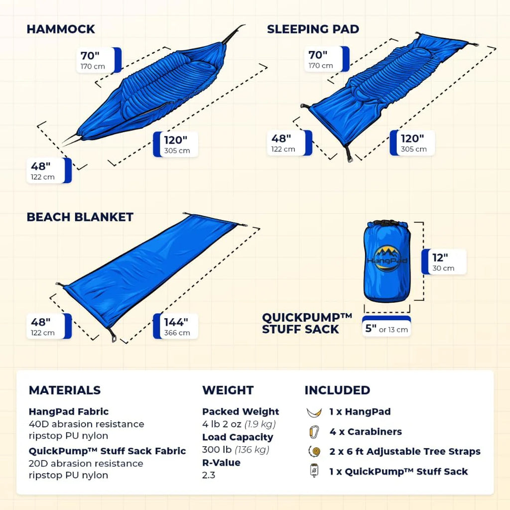Lnsulated Hammock, Double-Wide Camping Sleeping Pad  Waterproof Beach Blanket All in One - Features Built-in Adjustable Pillow, Carabiners, Tree Straps  Waterproof QuickPump? Stuff Sack