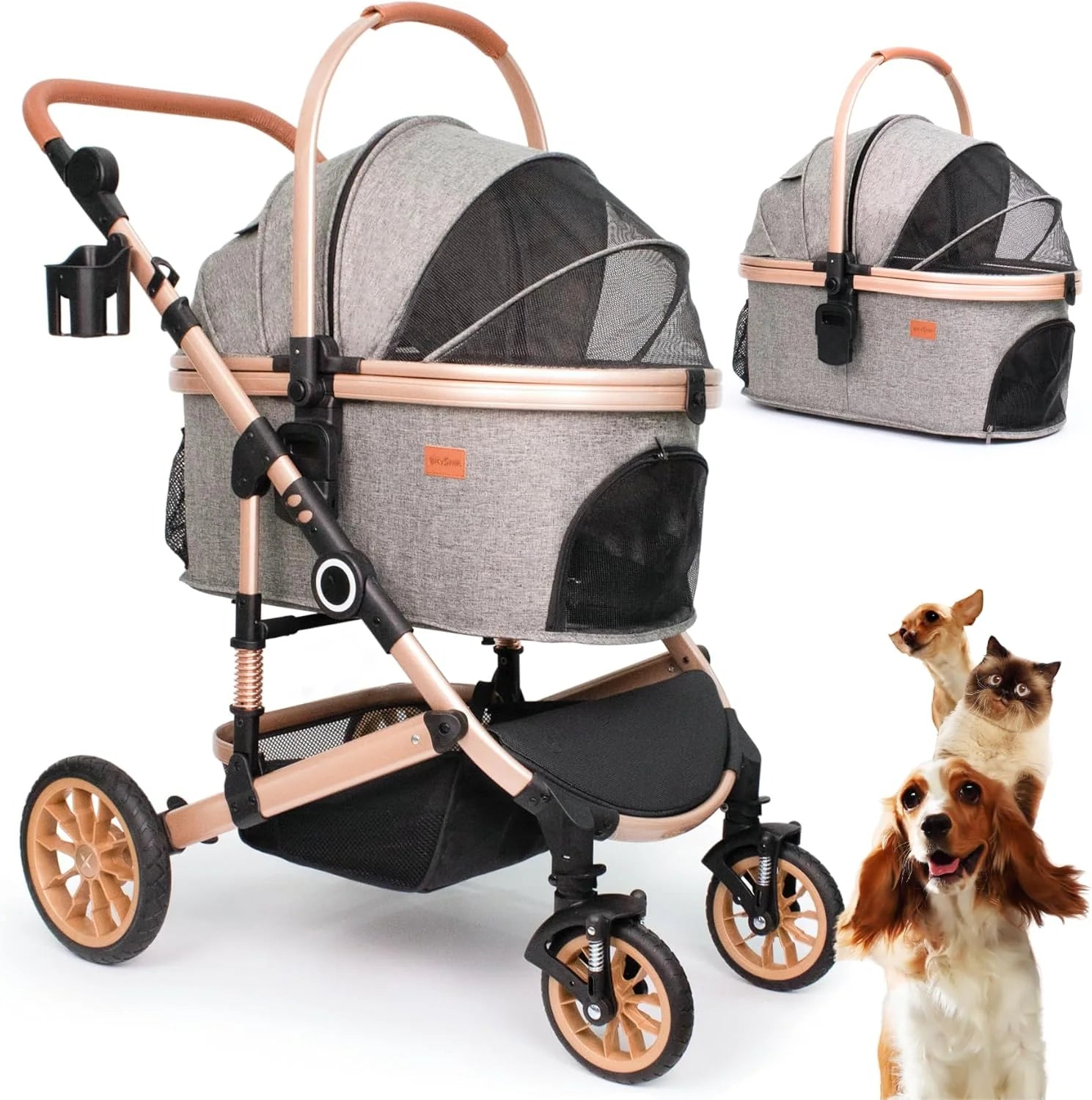 3-in-1 Foldable 4-Wheel Pet Stroller for Small/Medium Pets up to 50lbs (Grey)(Grey)