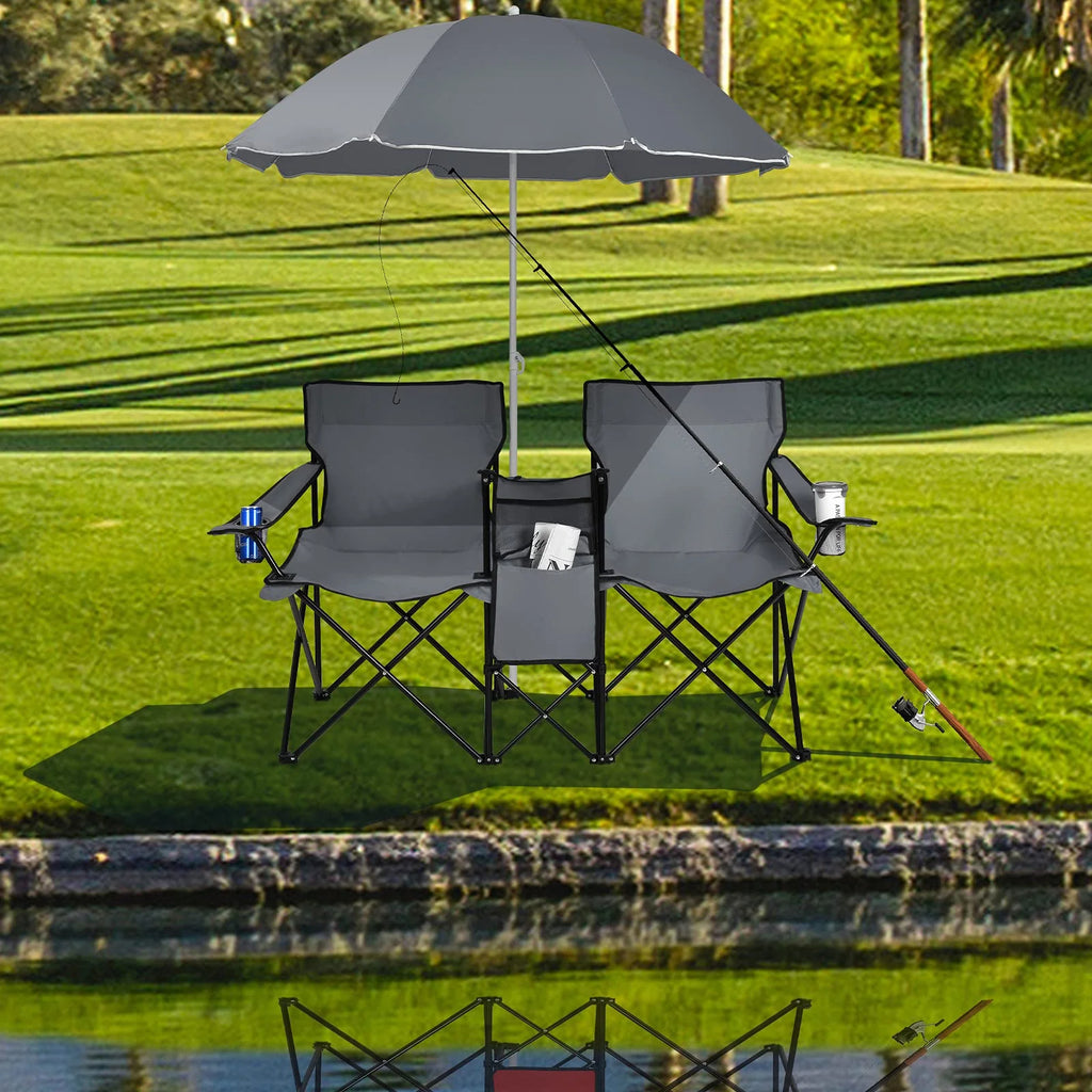 Double Folding Picnic Chairs Umbrella Mini Table Beverage Holder Carrying Bag(Blue)