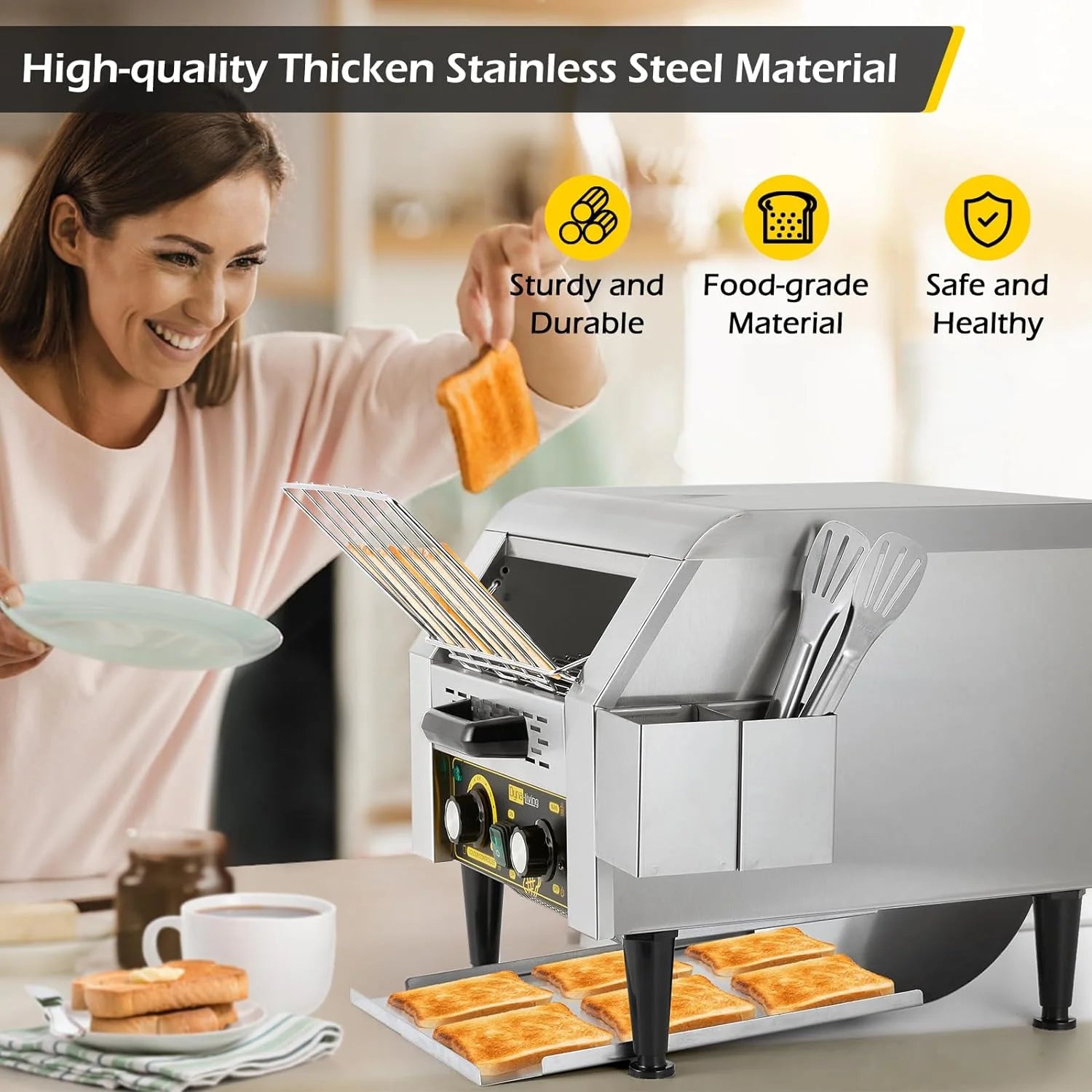 Toaster 450 Slices/Hour Stainless Steel Restaurant Toaster Conveyor with Storage Boxes 2600W Heavy Duty Industrial Conveyor Toasters Bagel Toaster Conveyor Belt Toasters(300 PCS/H)