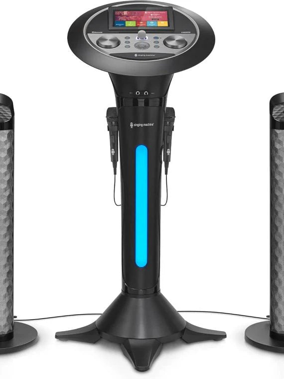 Portable WiFi Karaoke Machine for Adults – Black Pedestal with 7” Touchscreen, Built-In Speaker, Bluetooth, Recorder  2 Wired Microphones