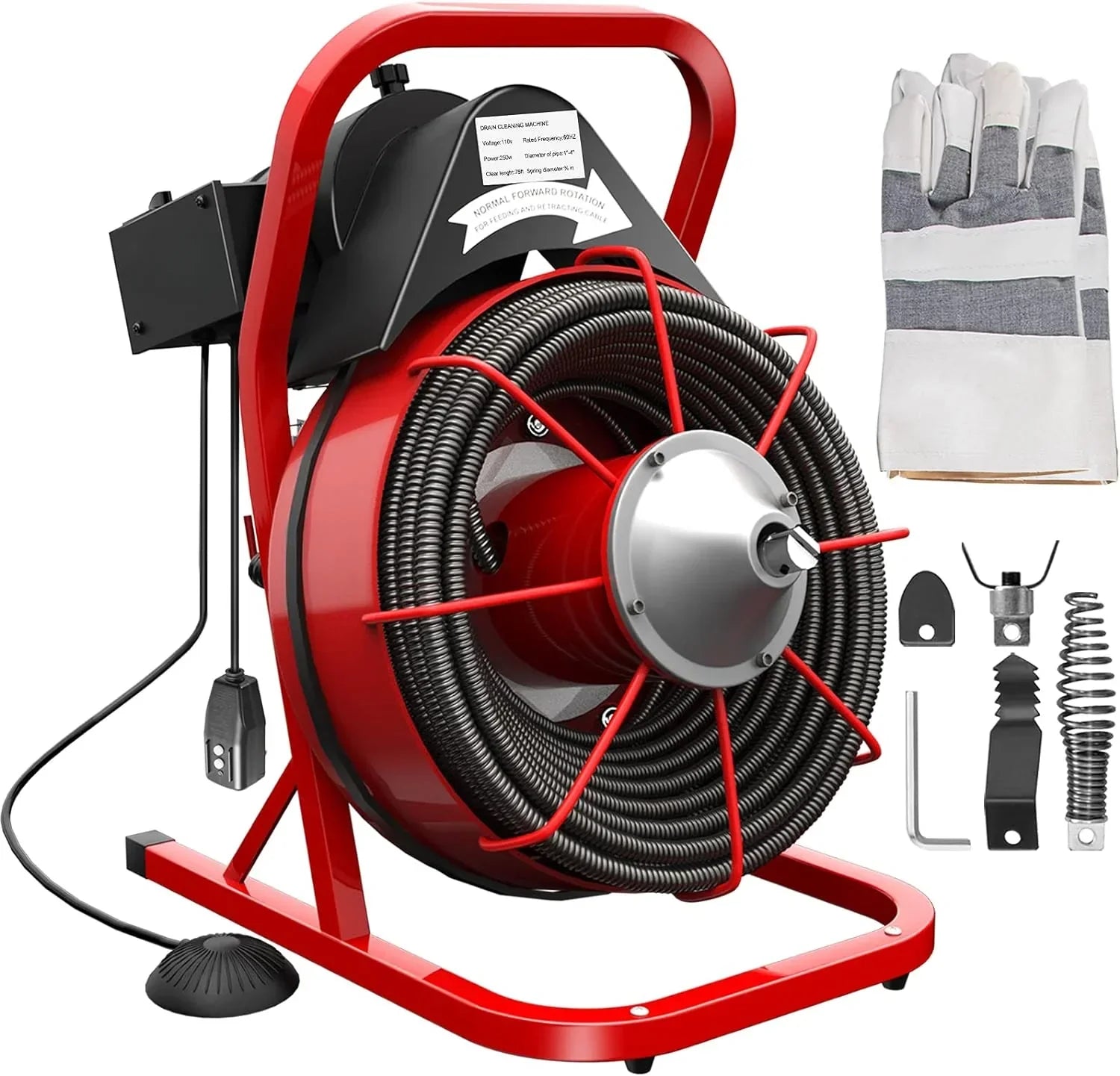 75Ft x 3/8" Electric Drain Cleaner, 1"-4" Pipe Fit, Portable w/4 Cutters, Plumbing Clog Tool
