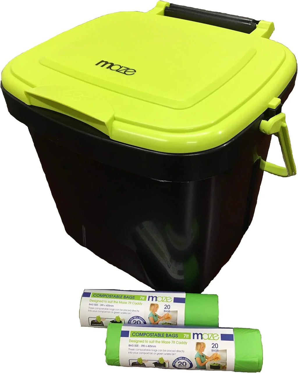 Two 65-gallon two-stage composting drums, equipped with large double doors and an open frame, are also provided along with a maze-style compost cart, a 1.85-gallon kitchen trolley-style compost bin, three rolls of corn bags, and a retractable plant t