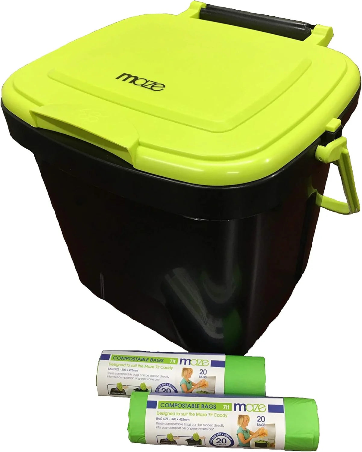 Two 65-gallon two-stage composting drums, equipped with large double doors and an open frame, are also provided along with a maze-style compost cart, a 1.85-gallon kitchen trolley-style compost bin, three rolls of corn bags, and a retractable plant t