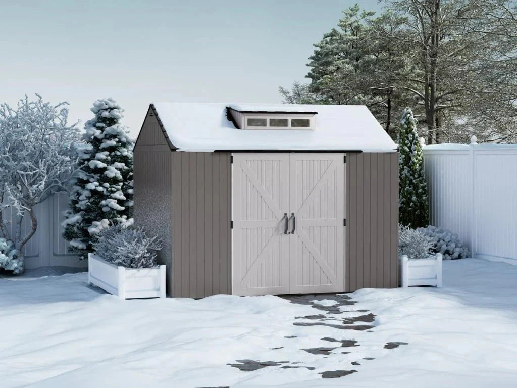Rubbermaid Resin Outdoor Storage Shed With Floor (7 x 7 Ft) Weather Resistant Gray Organization for Home/Backyard/Garden Tools/Lawn Mower/Bike Storage/Pool Supplies(7'x7'/Gray)