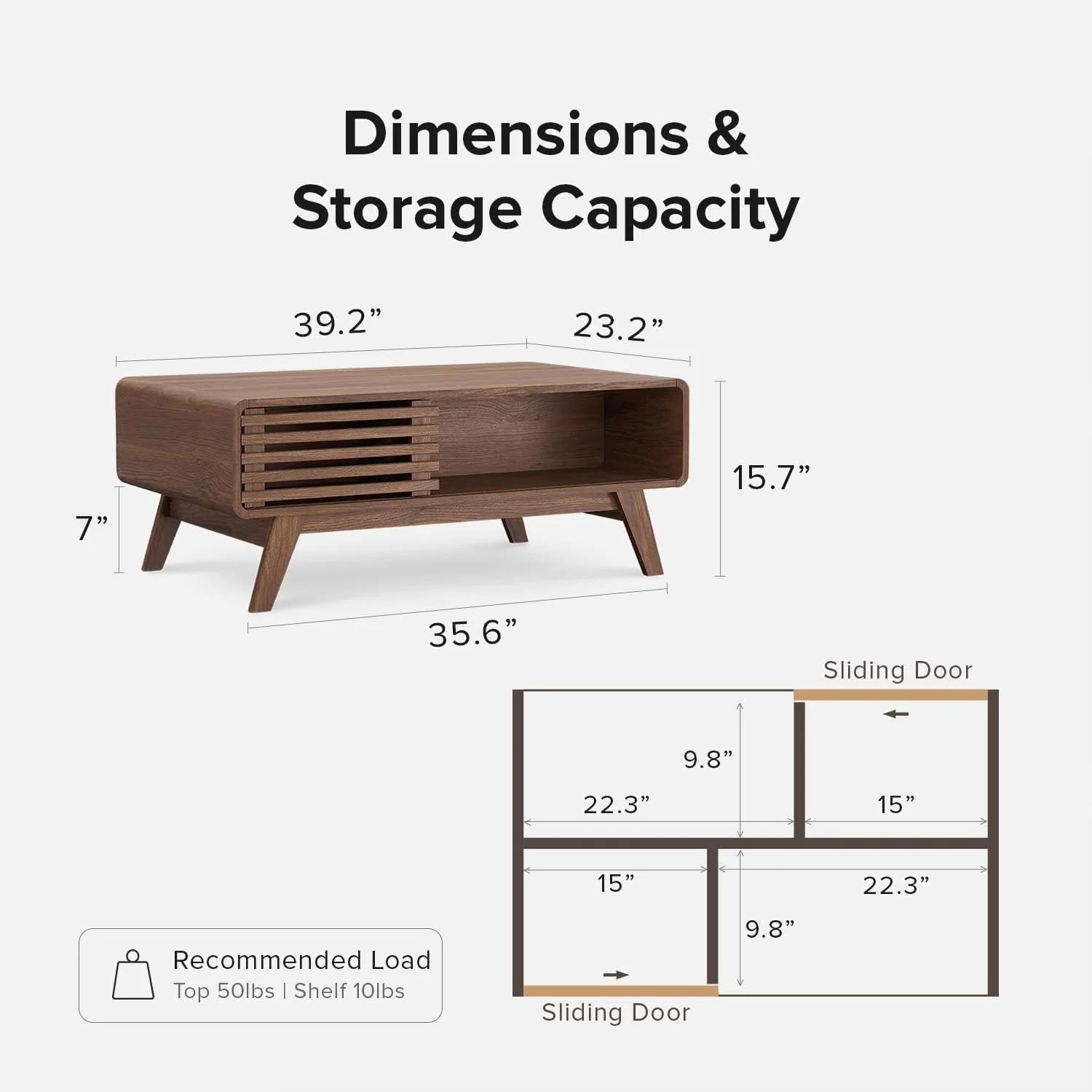 Mopio Ensley Mid Century Modern Rectangle Coffee Table with Dual Storage Shelf, Wood Slat Sliding Door,  Rounded Edge Protection for Living Room, Walnut Grain(Round Nesting Tables)
