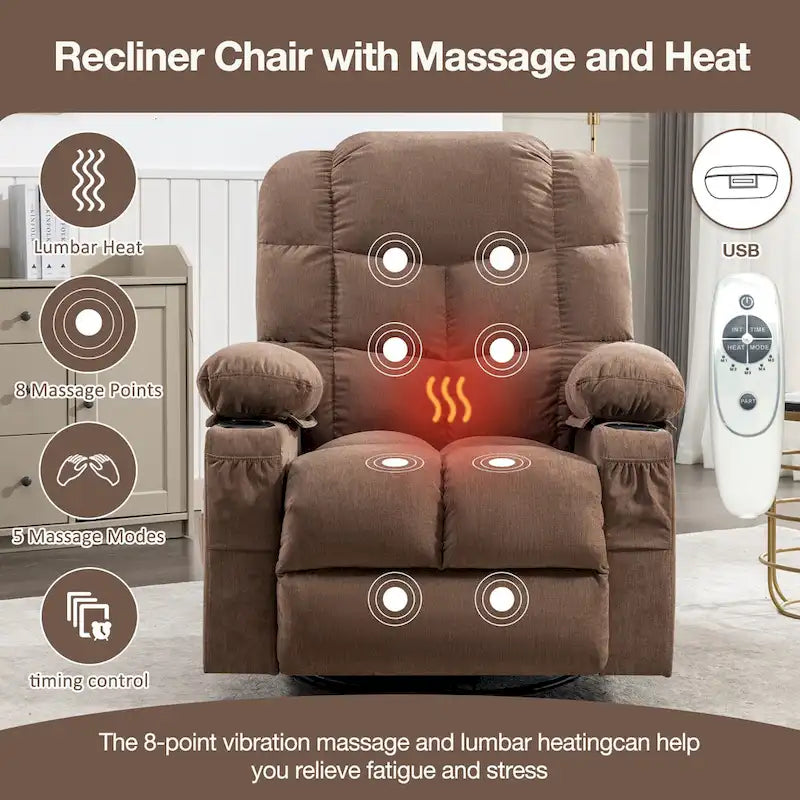 Massage Rocker Recliner Chair Rocking Chairs for Adults Oversized with 2 Cup Holders, USB Charge Port Soft Features a Manual Mas(N/A)