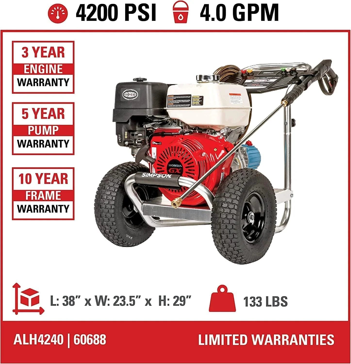 Cleaning ALH3425 Aluminum Series 3600 PSI Gas Pressure Washer, 2.5 GPM, Honda GX200 Engine, Includes Spray Gun and Extension Wand, 5 QC Nozzle Tips, 5/16-inch x 35-foot MorFlex Hose.(4200 PSI CRX420)