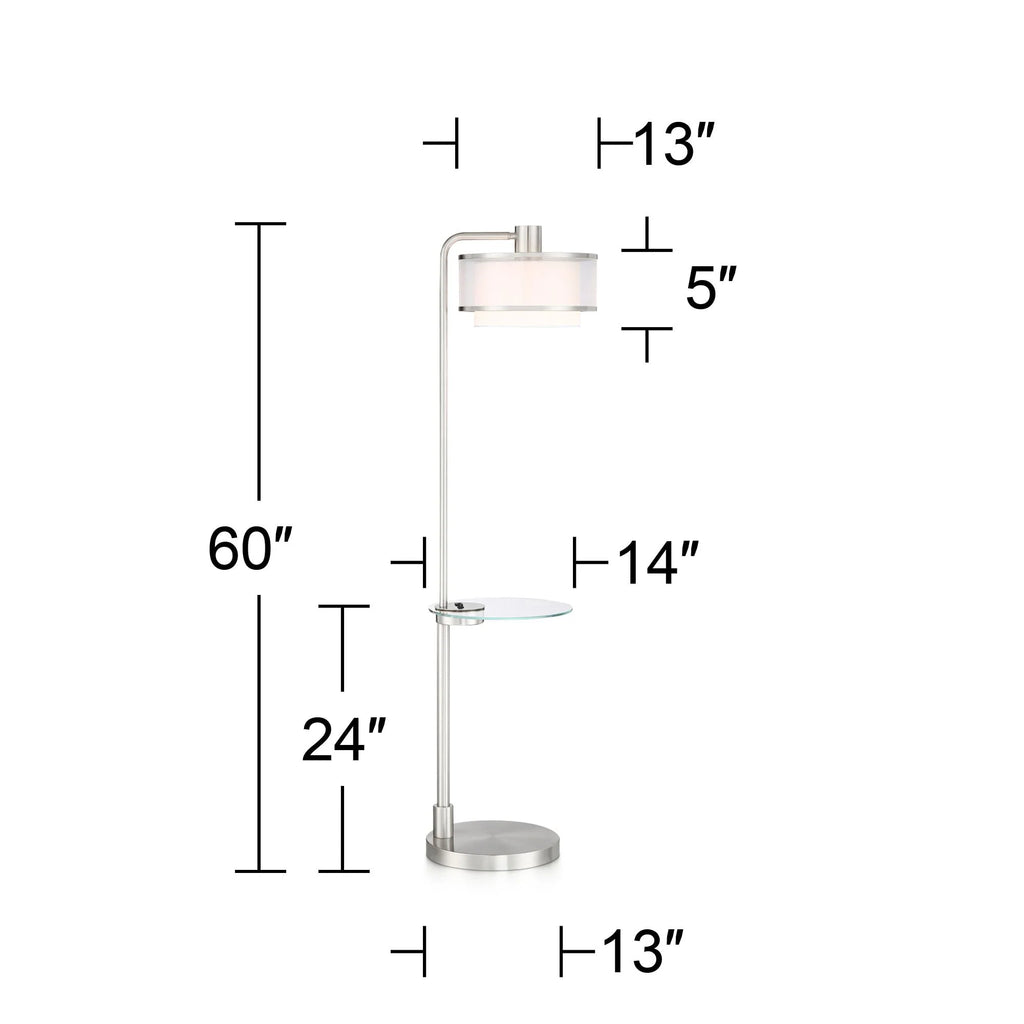 Euro Design Vogue Modern Floor Lamp with Tray Table 60" Tall Brushed Nickel USB Charging Port Organza Outer White Inner Shade for Living Room
