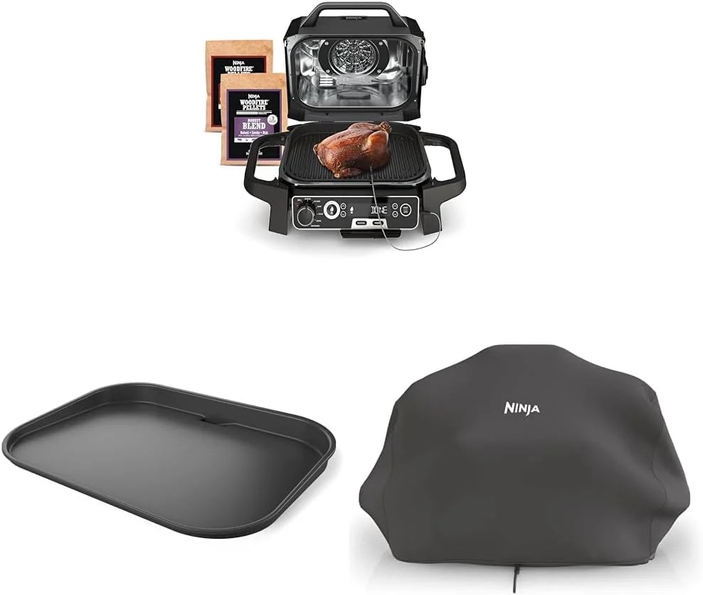 7-in-1 Grill  Smoker with Thermometer, Air Fryer, BBQ, Bake, Roast, Broil - Portable Electric Outdoor Grill, Grey(XL Grill + Thermometer)