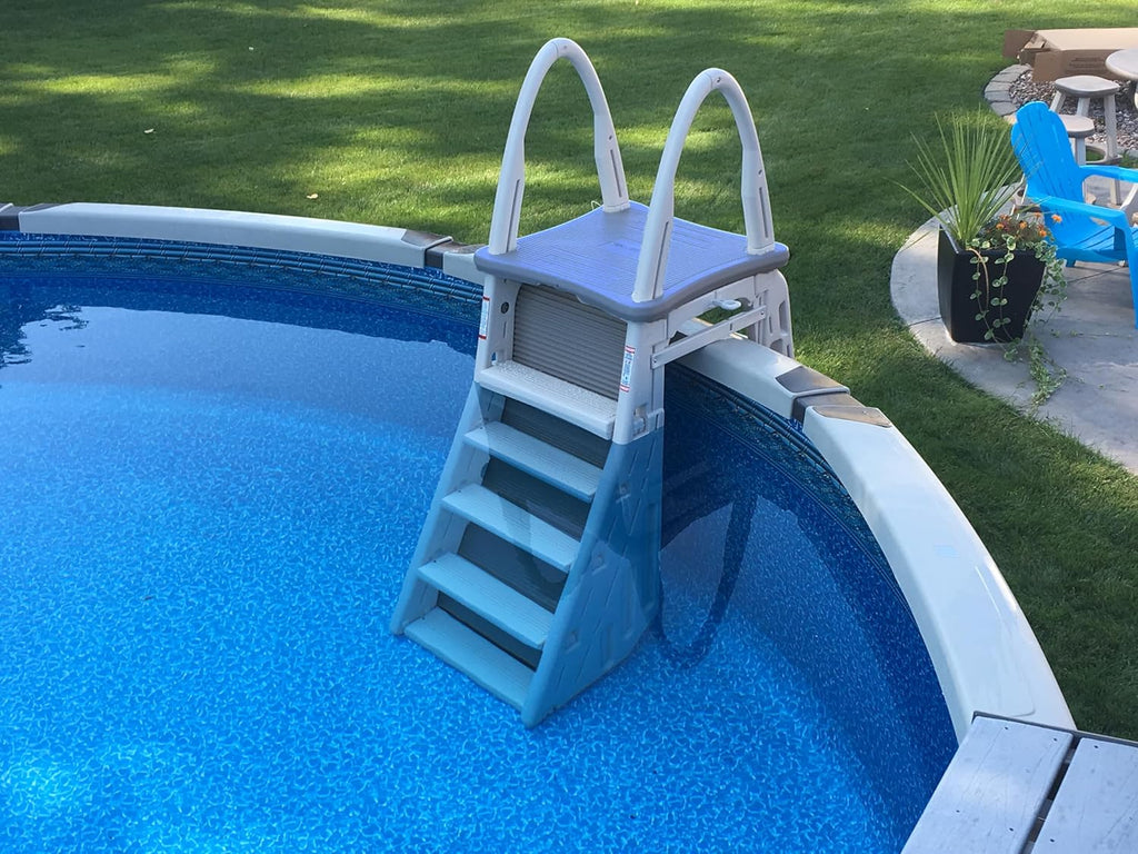 Confer Plastics 7200 Roll Guard 48" to 56" Adjustable A Frame Safety Ladder for Above Ground Outdoor Patio Swimming Pool Platform Ladder with Step Barrier, Warm Grey…(Warm Grey)
