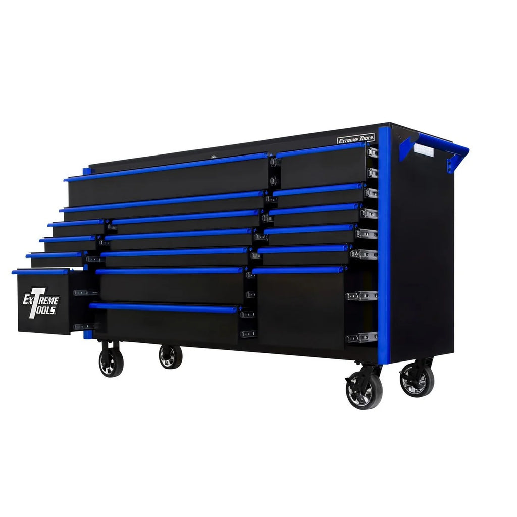 Extreme Tools DX Series 72” 17 Drawer Roller Cabinet(Black - Blue)