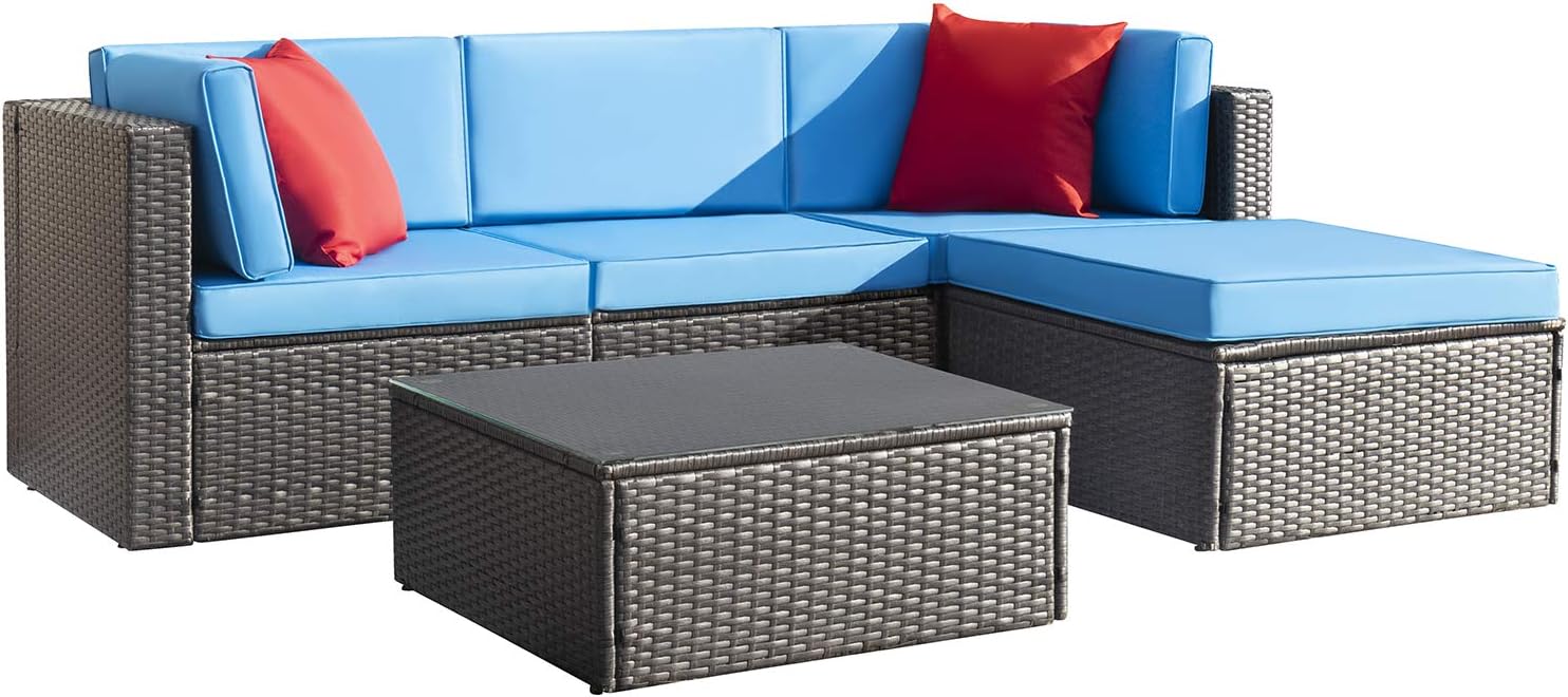Devoko 5 Pieces Patio Furniture Sets All Weather Outdoor Sectional Patio Sofa Manual Weaving Wicker Rattan Patio Seating Sofas with Cushion and Glass Table(Beige)(Blue/5 Pieces set)