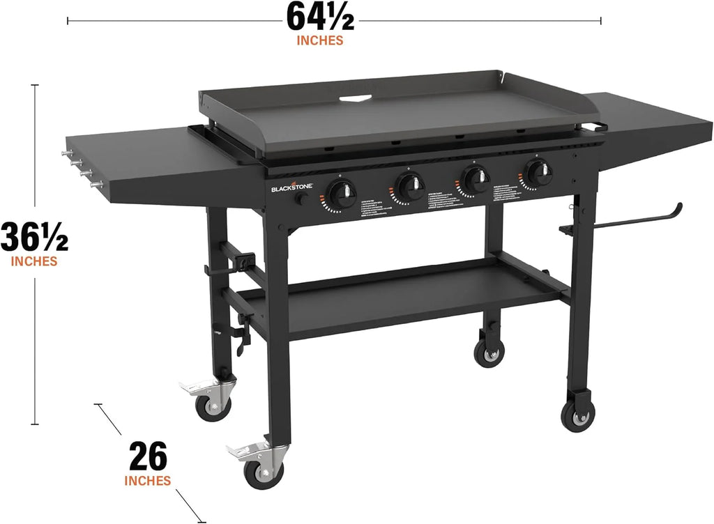 36 Inch Gas Griddle Cooking Station 4 Burner Flat Top Gas Grill Propane Fuelled Restaurant Grade Professional 36” Outdoor Griddle Station with Side Shelf (1554)(Black)