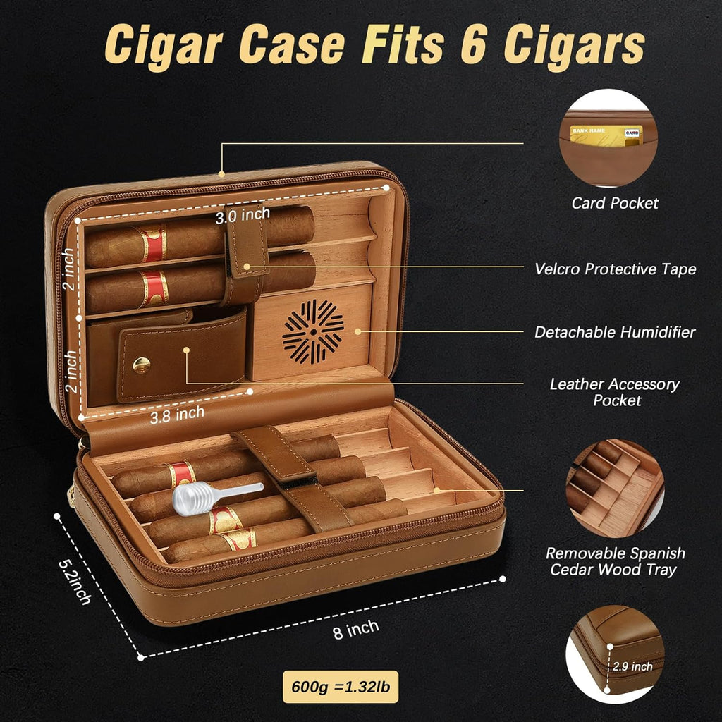 Cigar Humidor, Leather Cedar Wood Cigar Case with Cigar Lighter, V Cut Cigar Cutter, Cigar Holder 3 in 1, Portable Travel Cigar Humidor Box with Humidifier (Black)(Brown)