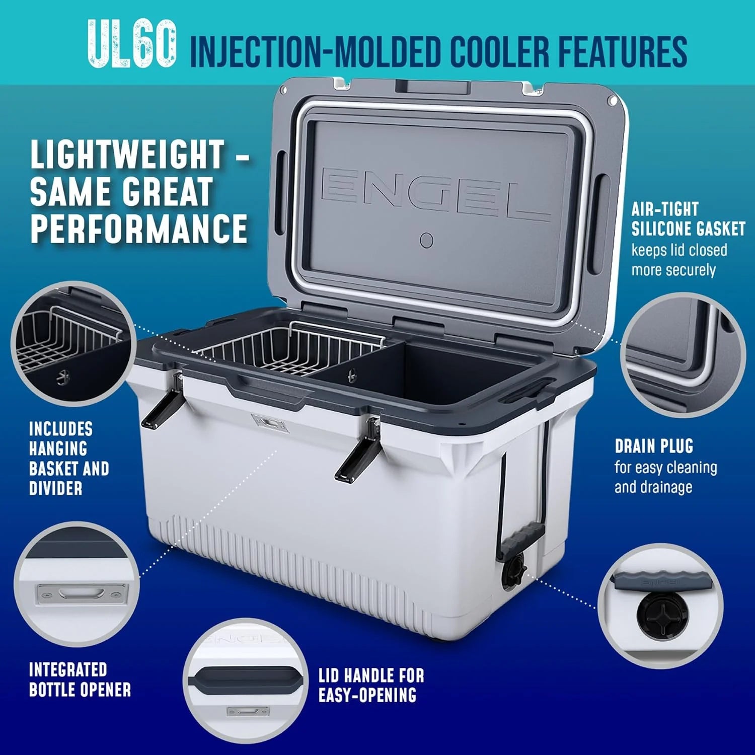 60 QT Ultra-Light Injection Molded Cooler - Ice Chest Keeps Ice up to 7 Days - Large Cooler Includes Wire Basket, Divider and Built-in Bottle Opener(Haze Gray)