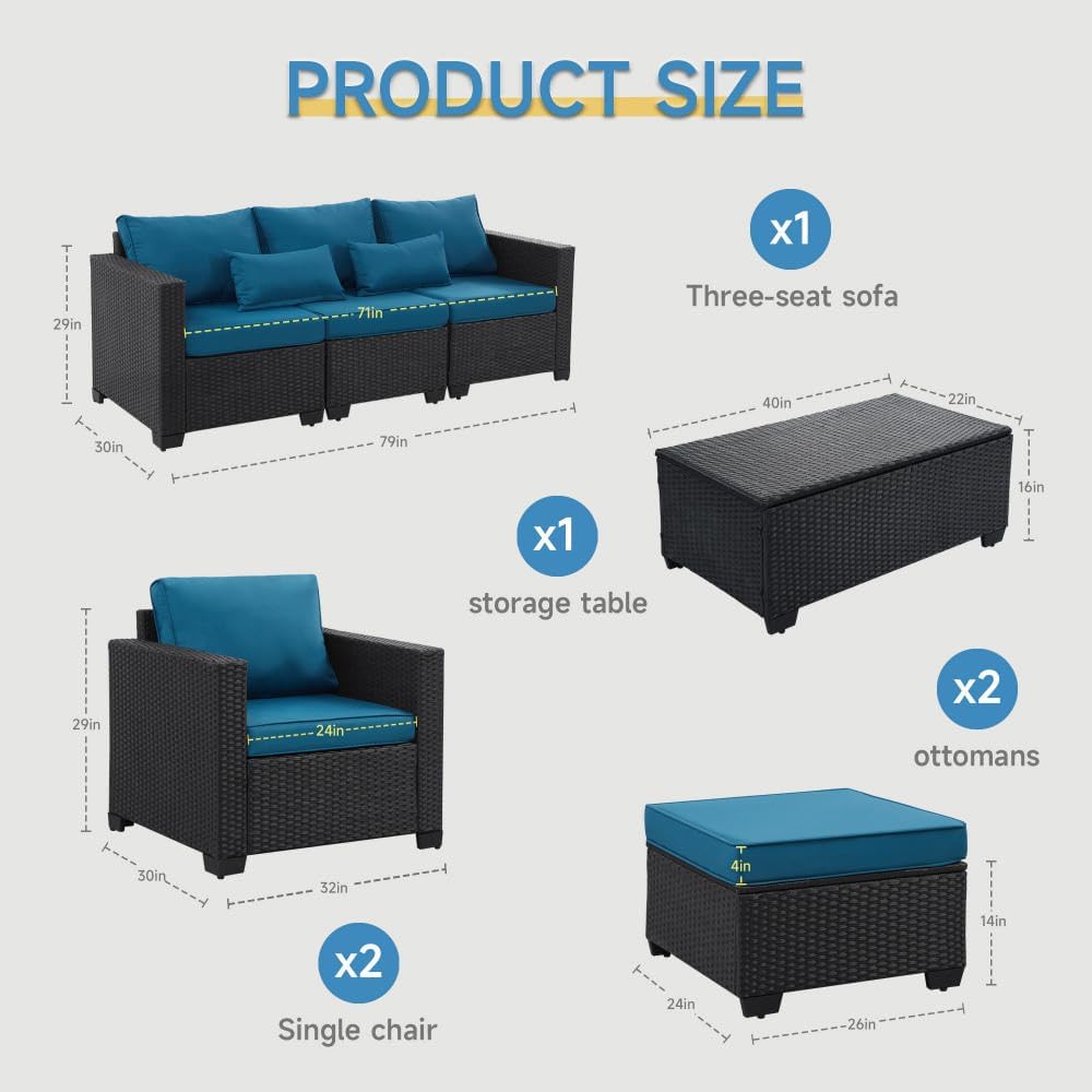 6 Pieces Outdoor Patio Furniture Sets with Furniture Cover, PE Rattan Wicker Patio Conversation Set with Tea Table (Peacock Blue, Rattan Storage Table)(Peacock Blue/Rattan Storage Table)