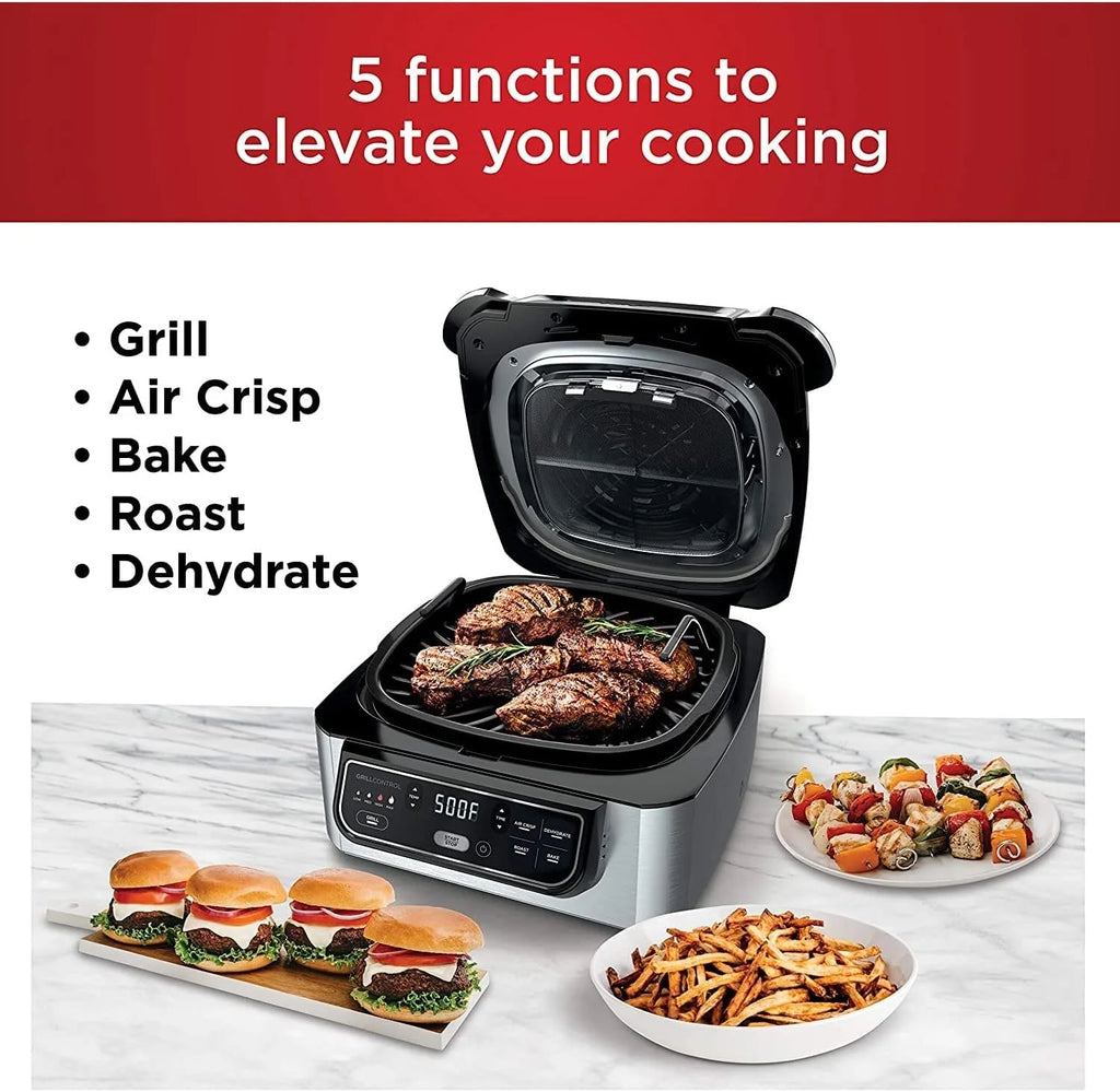 5-in-1 Indoor Electric Grill with Air Fry, Roast, Bake  Dehydrate - Programmable, Black/Silver(Black/Silver/4-Quart)
